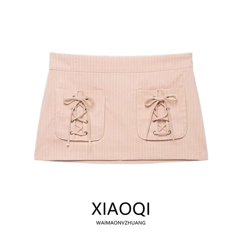Low Waist Printed Half Skirt 2026 Early Autumn New Women's Fashion Versatile Pocket Stripe Print A-Line Skirt Ladies Premium