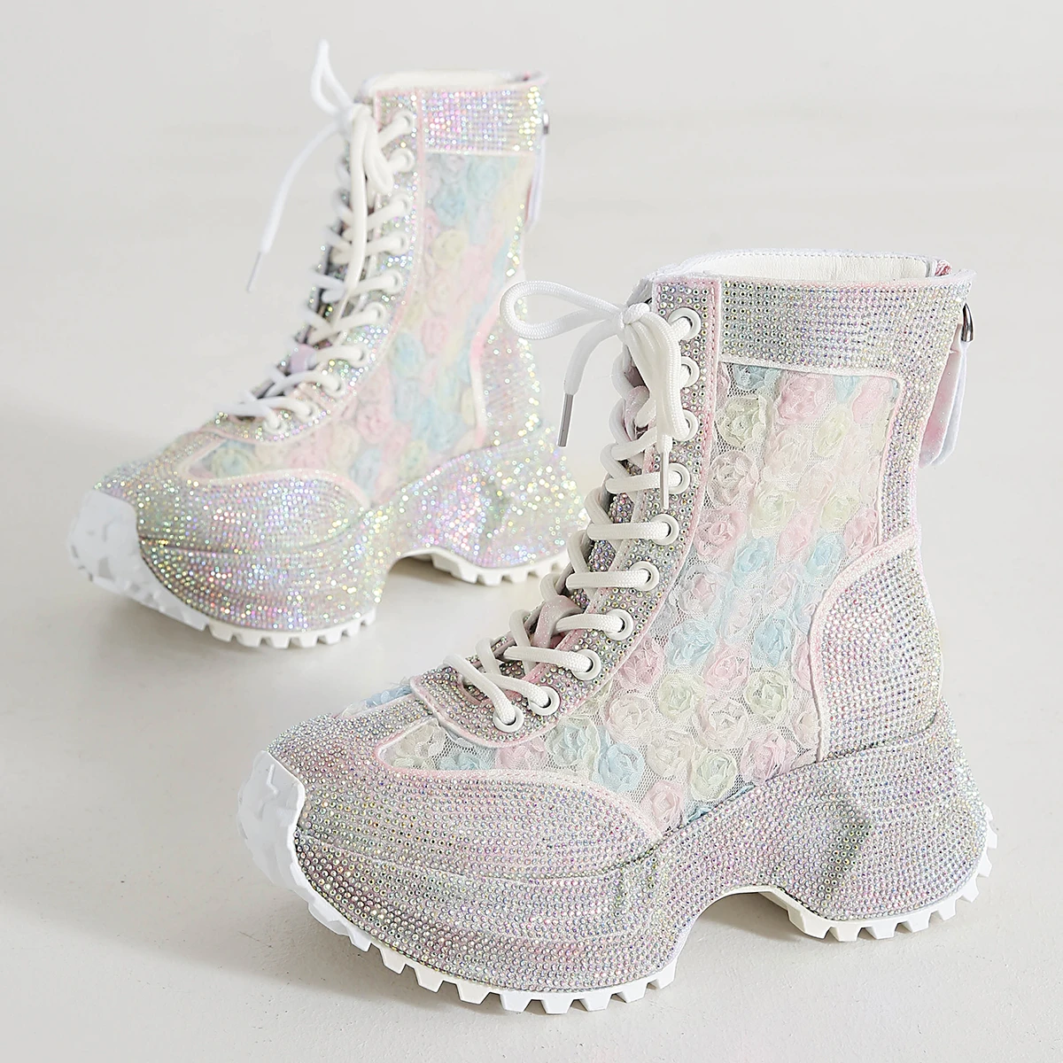 

Rhinestone Fully Studded Lace-Up Thick-Platform High-Top Boxing Motorcycle Boots Short Boots Sports Dad Shoes for Women