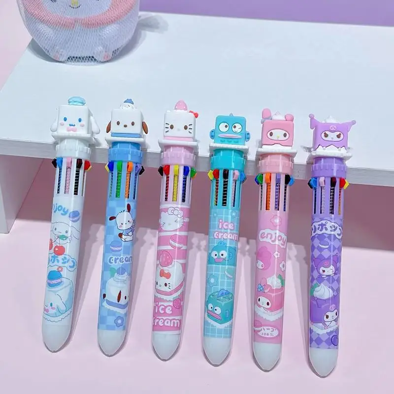 Small Square Kuromi Hello Kitty Cinnamon Cat Ten Color Pen Cute Cartoon Box Girl Heart Ballpoint Pen Student Office Stationery