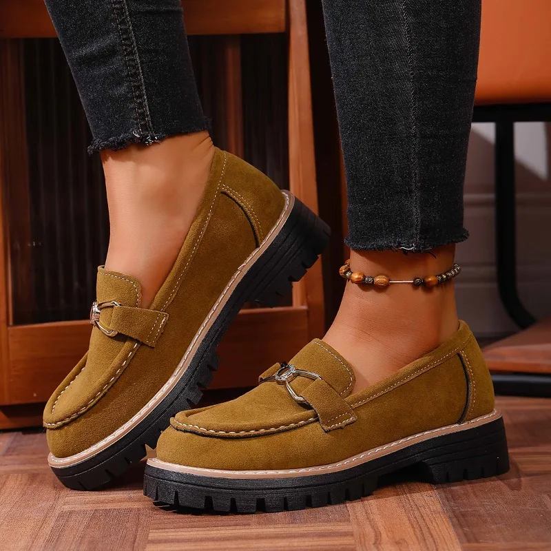

2025Autumn High-Quality Women's Lightweight Comfortable Platform Loafers with Metal Buckle Mother Shoes Wedge Heel Women's Flats