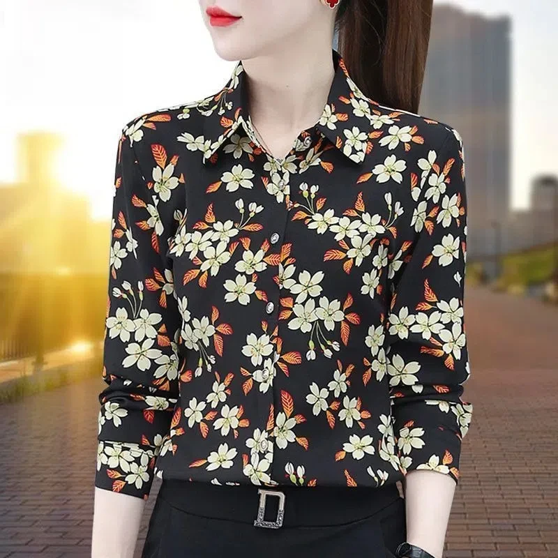 Spring Autumn Turn-down Collar Women's Clothing Long Sleeve Button Up Plant&Flowers Printing Cardigan Shirt Casual Elegant Tops