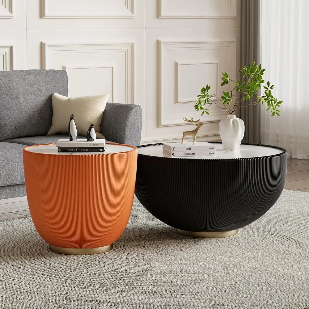 

27.56 Black Drum Style Center Table and 19.69 Orange Coffee Table Set, 2-Piece with Sintered Stone Tops and Leather-Covered Meta