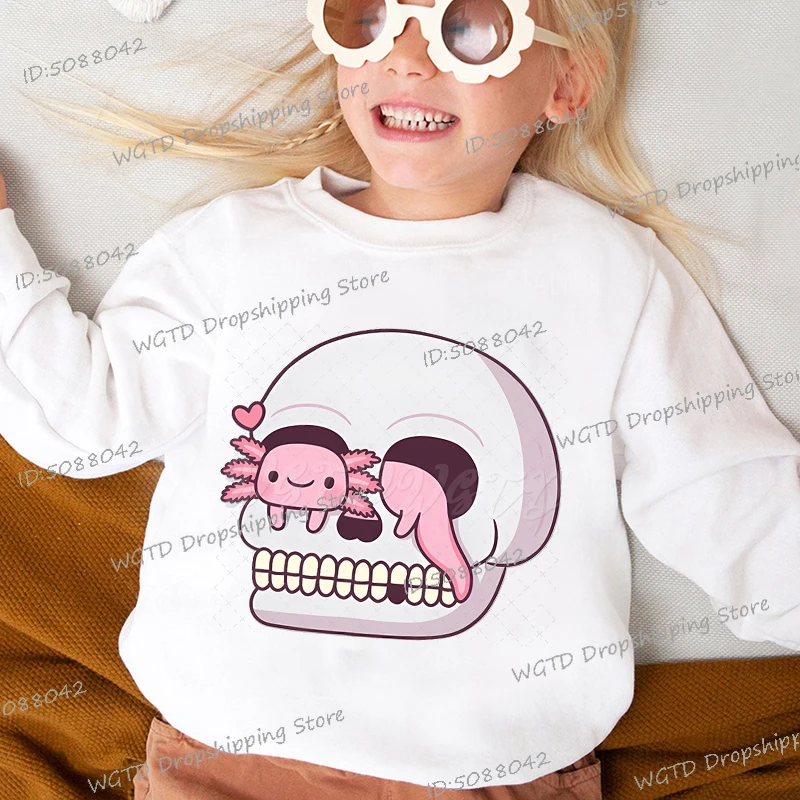 Y2K Kids Cute Axolotl Hugging Donut Sportswear 4-14 Years Old Pullover Spring Long Sleeve Cartoon Axolotl Boys Girls Sweatshirts