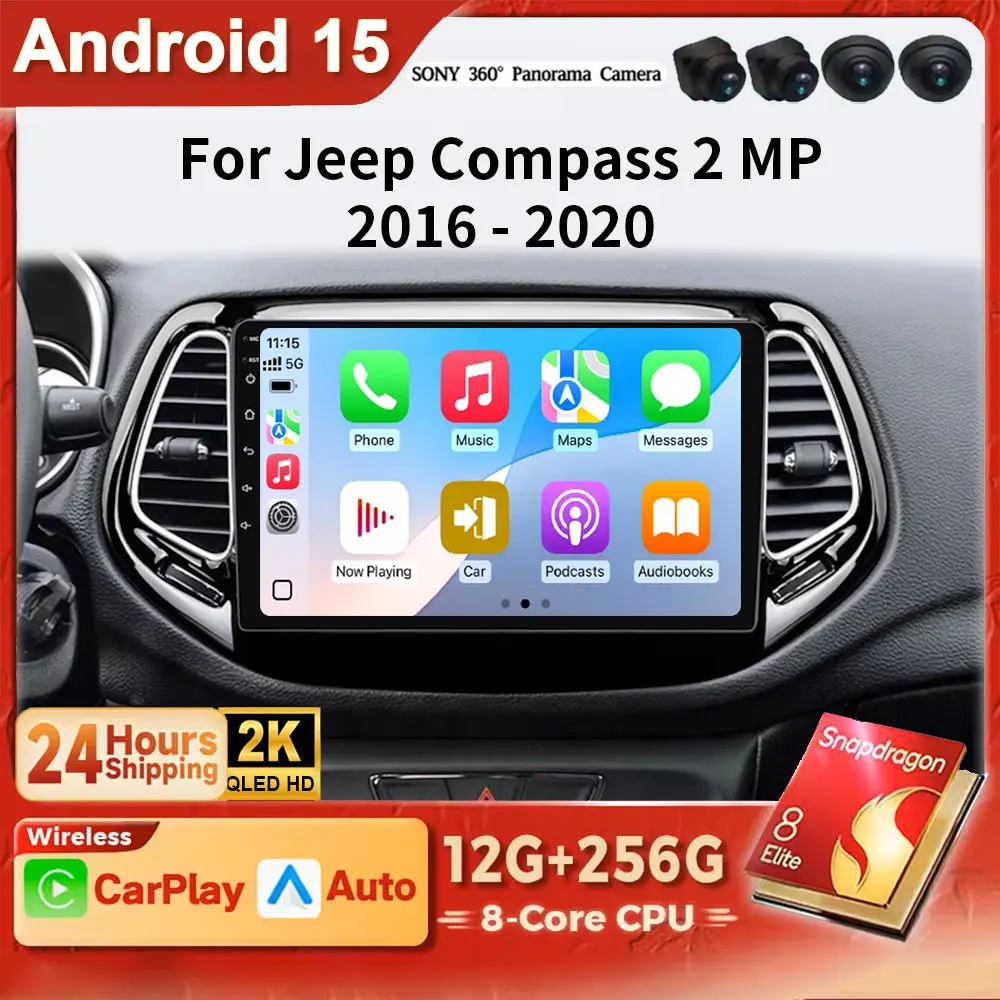 Android 15 Inalámbrico Carplay y Auto WIFI 4G para Jeep Compass 2 MP 2016 2017 2018-2020 Autoradio Reproductor de Video Multimedia Estéreo