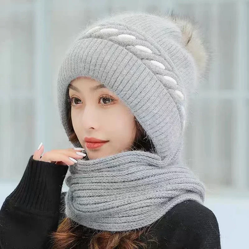 Women Winter Hat Scarf Set Knitted Thick Warm Fashion Cap and Scarf Integrated Sets New