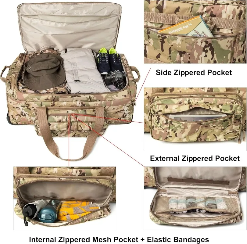 Large 120L Duffle Tactical Suitcase Mountain Land Outdoor Trolley with Wheel Sports Travel Luggage