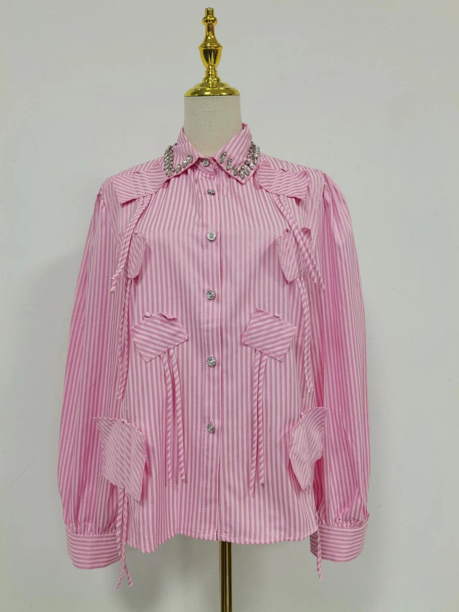 GALCAUR Colorblock Slimming Spliced Stripe Blouse for Women Lapel Long Sleeves Patchwork Diamonds Top Female Clothing New Style