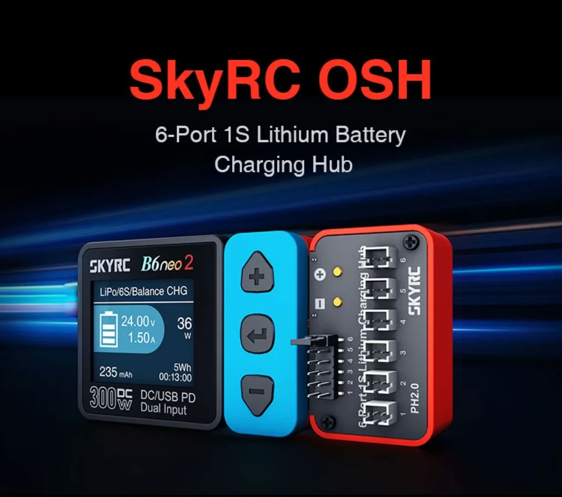 SkyRC Battery Charging Hub OSH 6-Port 1S Battery Charging Hub For LiPo LiFe Li-ion LiHV Supported B6neo B6neo 2 B6neo+ B6ACneo
