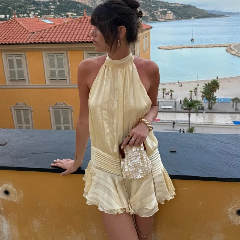 Talenza セクシーなホルターフリルミニドレス女性レースアップノースリーブバックレスビーチパーティードレス 2026 夏のファッション休暇ドレス