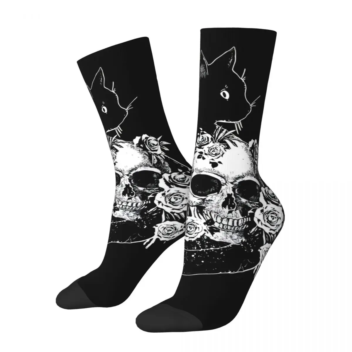 

Black Cat With Skull Skeleton With Roses Men's Socks Retro Harajuku Halloween Cat Street Style Novelty Seamless Crew Sock