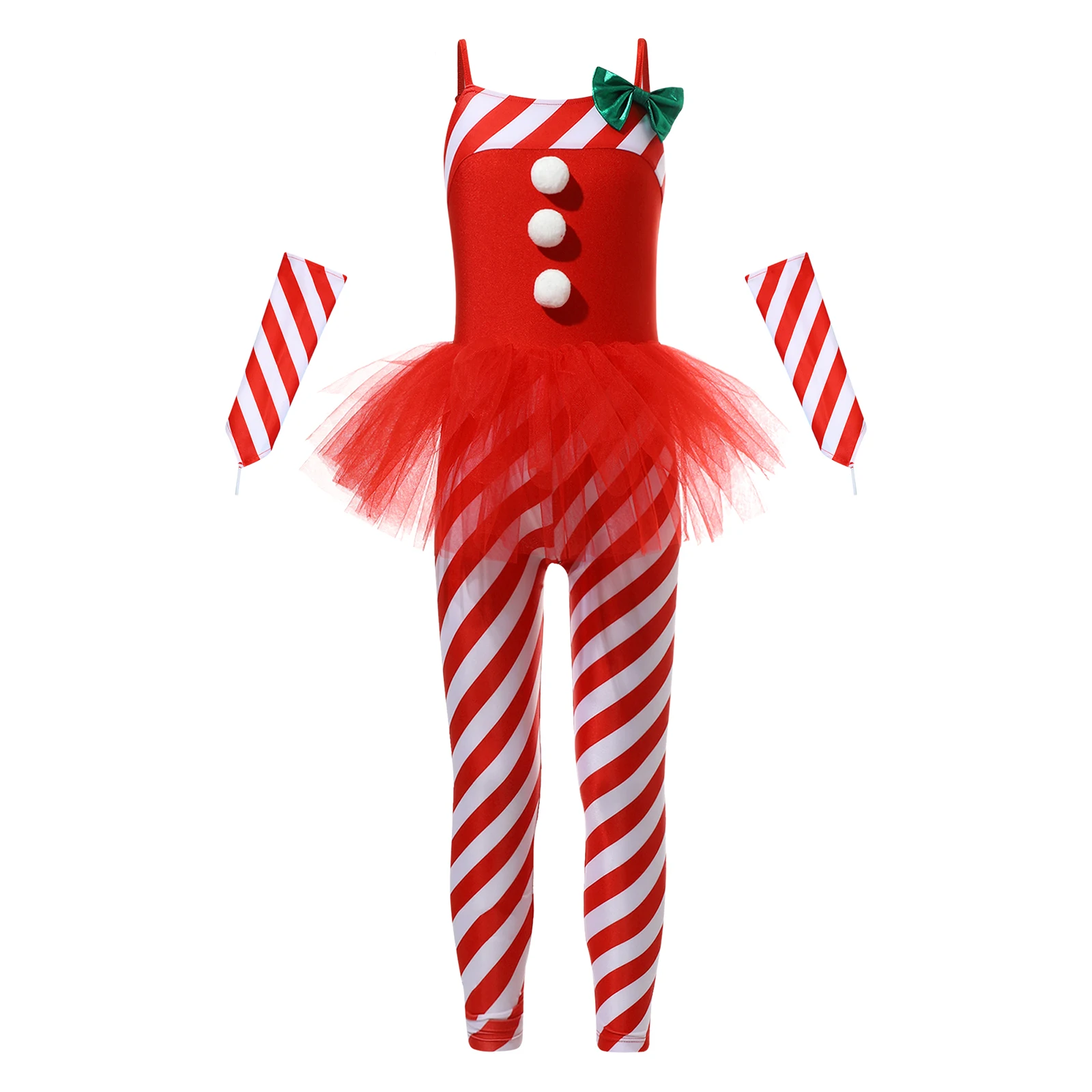 

Kid Girls Christmas Candy Cane Costume Sleeveless Striped Jumpsuit Unitard Leotard with Arm Sleeve New Year Santa Festival Party