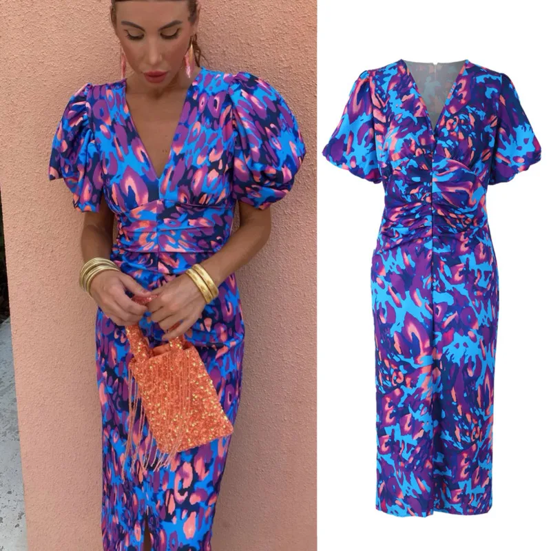 

Pattern Printed Puff Sleeves A-line Dress Women Elegant V Neck High Waist Slim Long Dress Summer Office Lady Draped Tight Dress