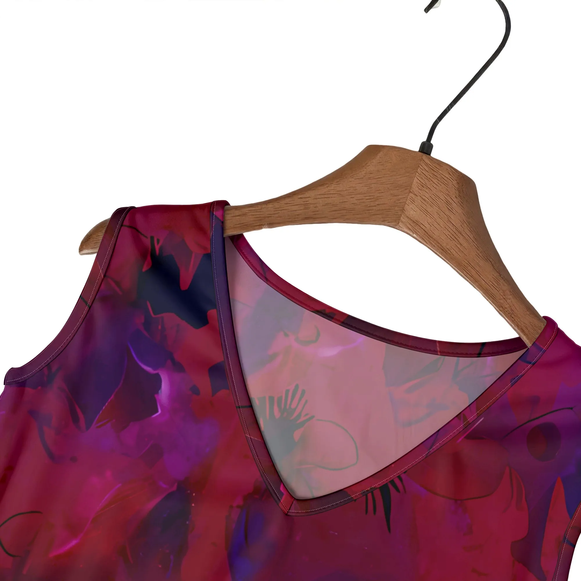 Lebhaftes Lila, Ärmelloses Kleid, Blumenmuster, V-Ausschnitt-Design, A-Linien-Schnitt, Sommerliche Freizeitkleidung, XL-5XL – Detail 6