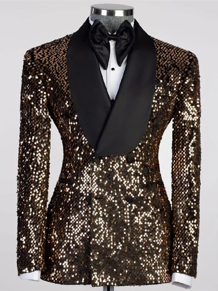 

Sparkly Men Suits One Piece Sequins Blazer Tuxedo Double Breasted Satin Lapel Jacket Wedding Groom Work Party Causal Tailored