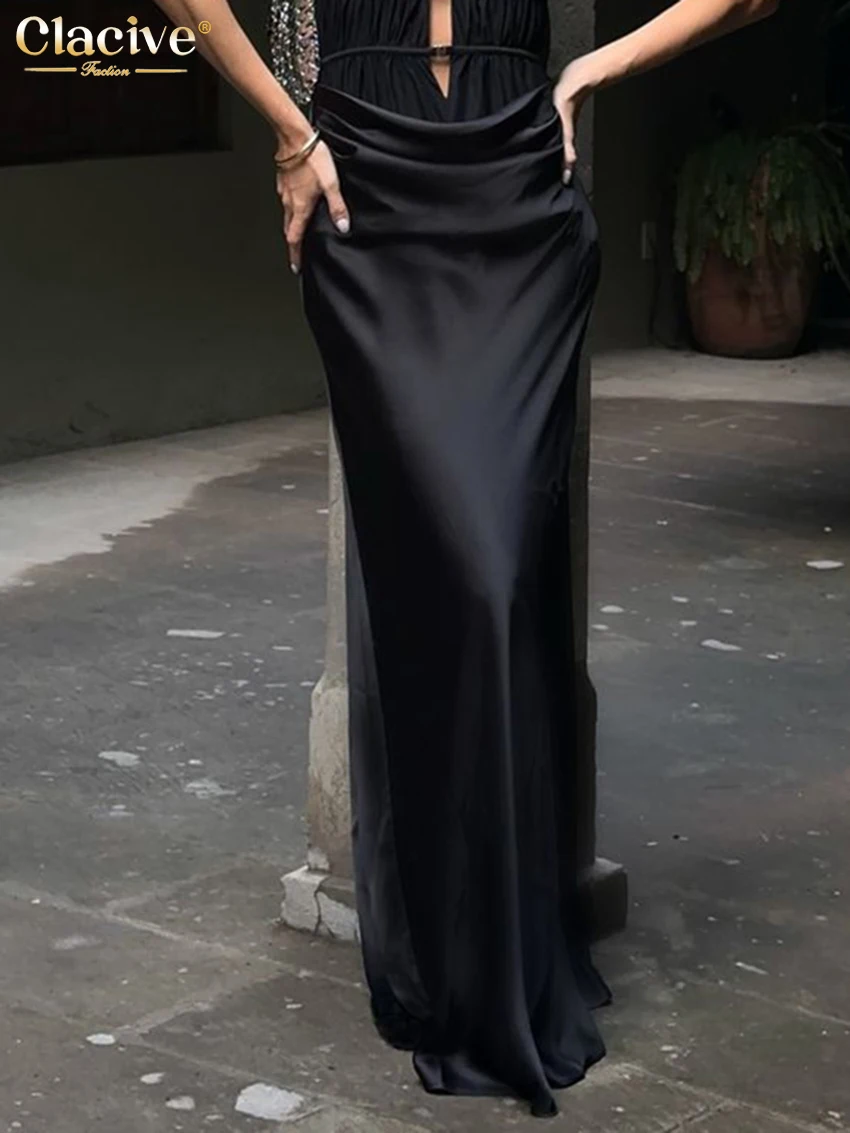 Clacive Casual Loose Black Satin Women's Skirt 2025 Elegant High Waist Maxi Skirts Classic Simple Solid Skirt Female Clothing