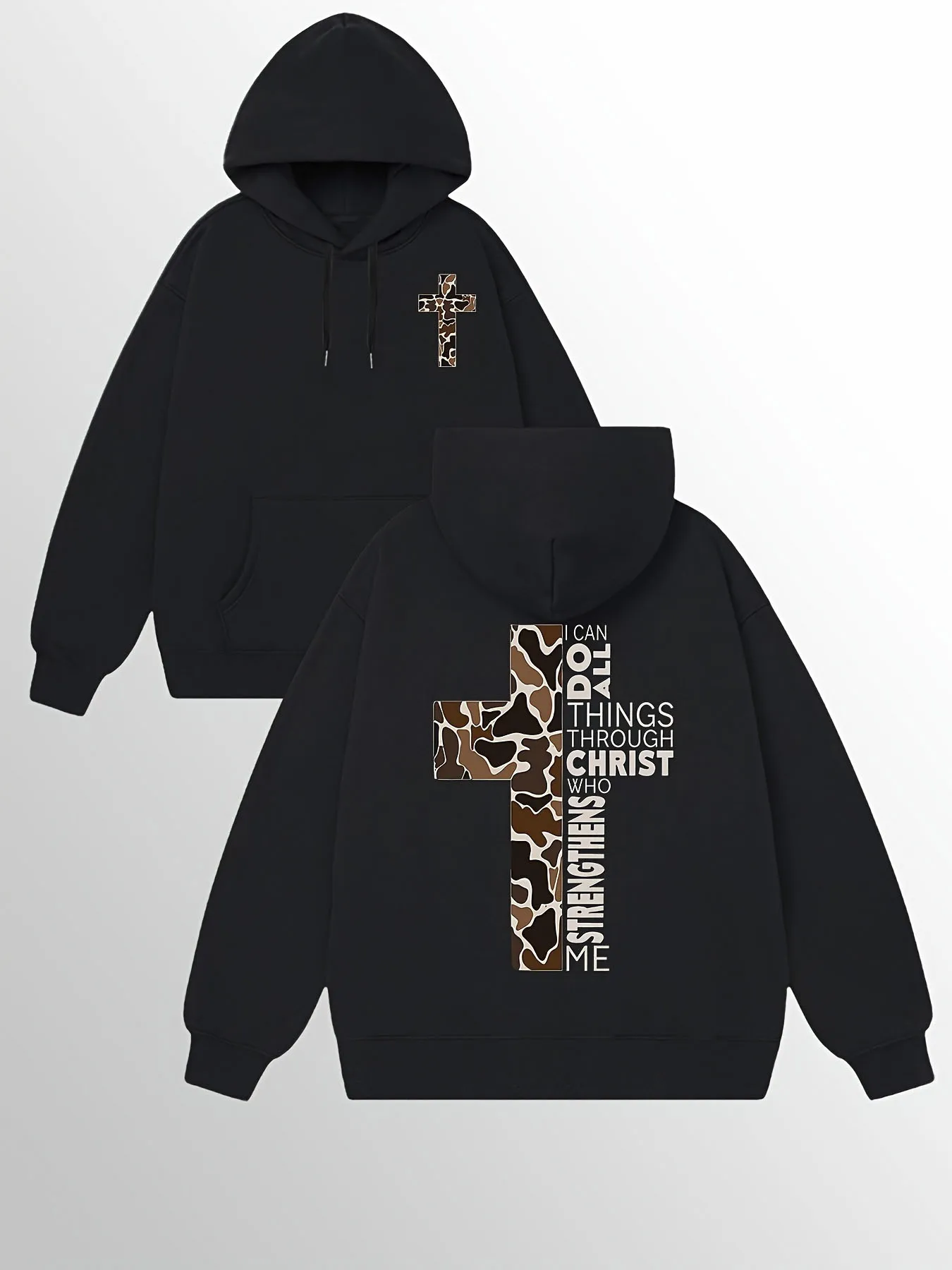 

Men's Christian faith hoodie with camouflage cross and scripture print double-sided inspirational pullover