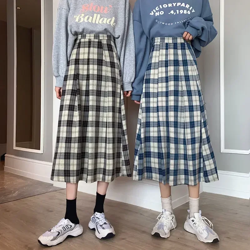 2025 Spring Summer Women Long Skirt A-line Korean Style Casual Plaid Loose All-match Student Fashion Female Skirts