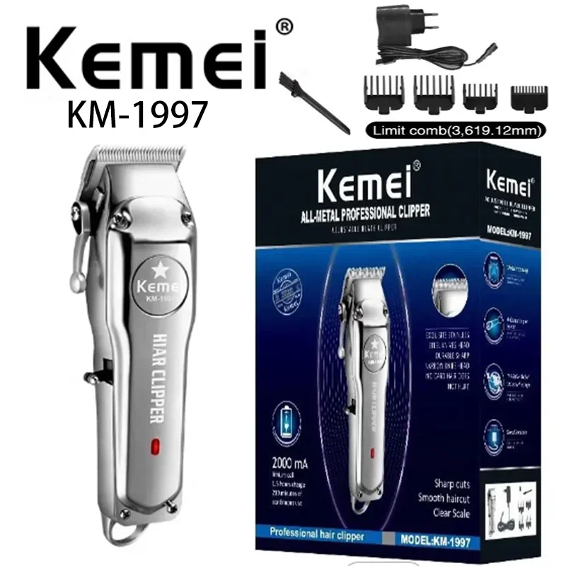 Kemei-男性用の高速充電式電動バリカン,KM-1997時間のバッテリー寿命,金属シェル,サロン,プロ用