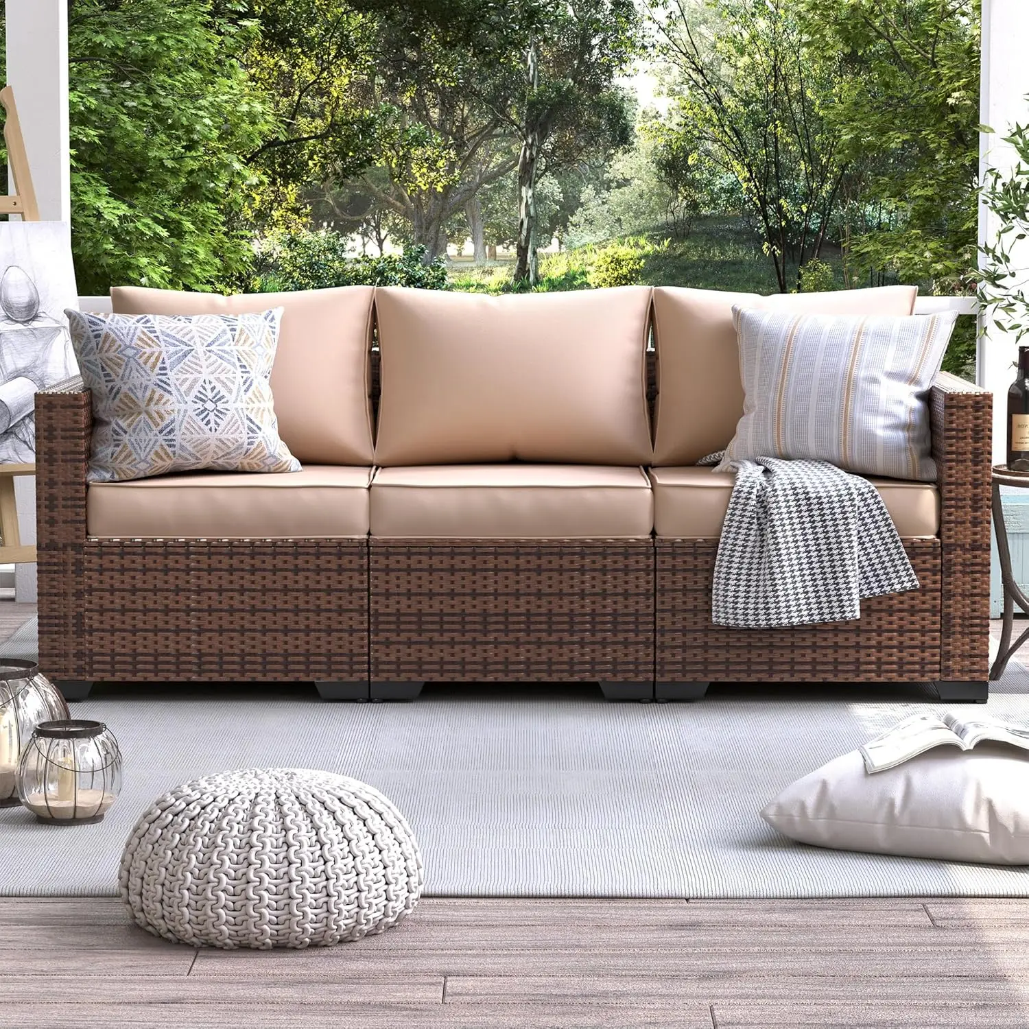 

Love-Seat Patio Wicker Sofa, Outdoor Rattan Sectional Couch Furniture Steel Frame Cushion and Deep Seating High Back