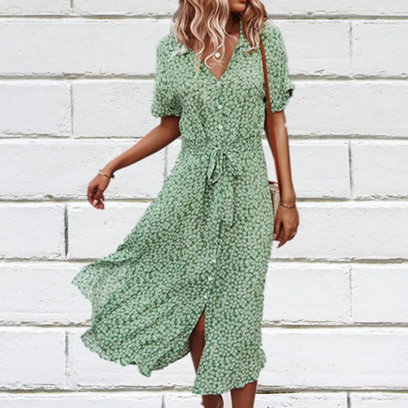 Frauen Frühling Sommer Druck Blumen langes Kleid Boho Chic lässig Urlaub Kurzarm Knopf elegante Femmle Mode Mädchen Sommerkleid