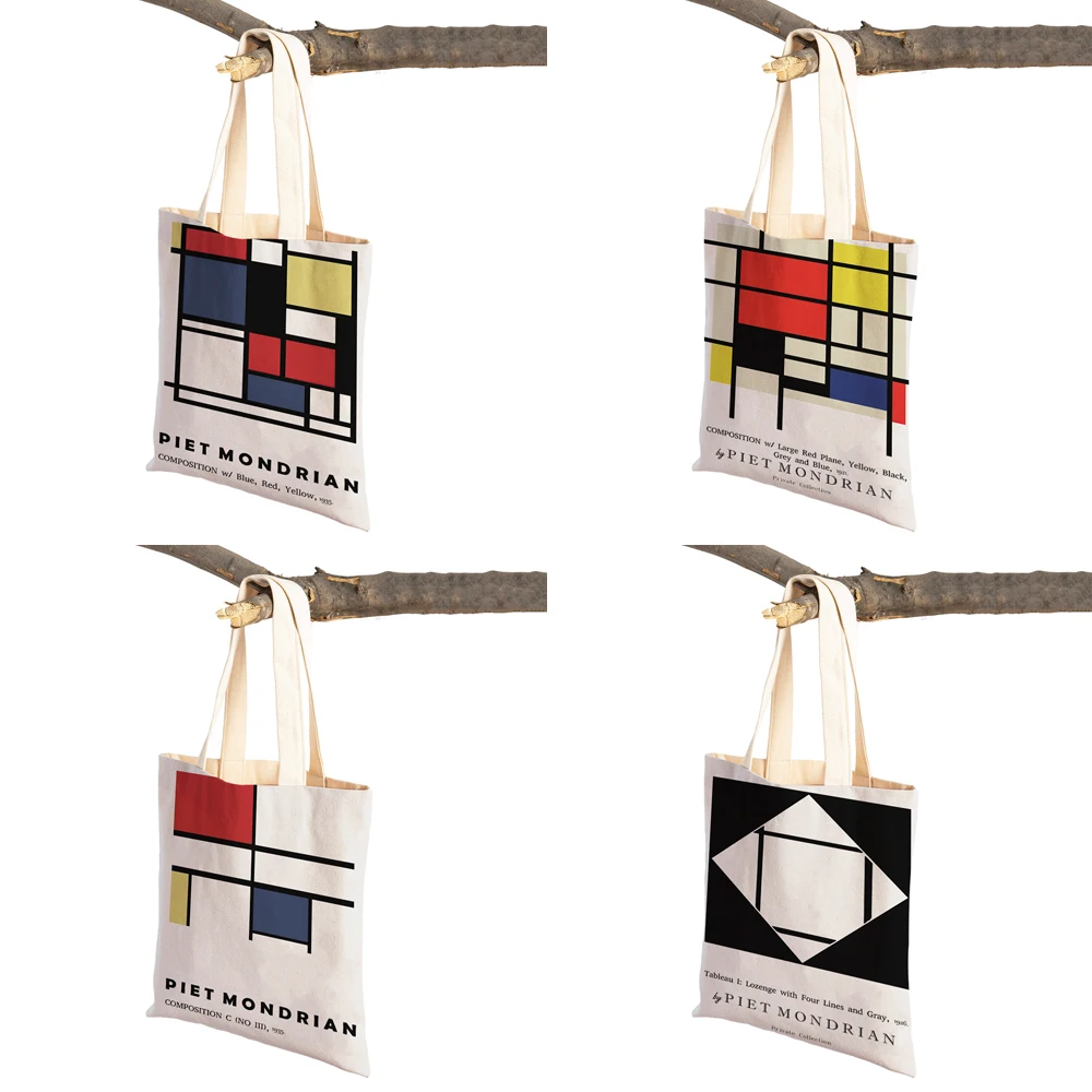 Piet Mondrian Geometric Line Color Block Double Print Shopping Bag Women Shopper Bags Lady Canvas Tote Reusable Travel Handbag