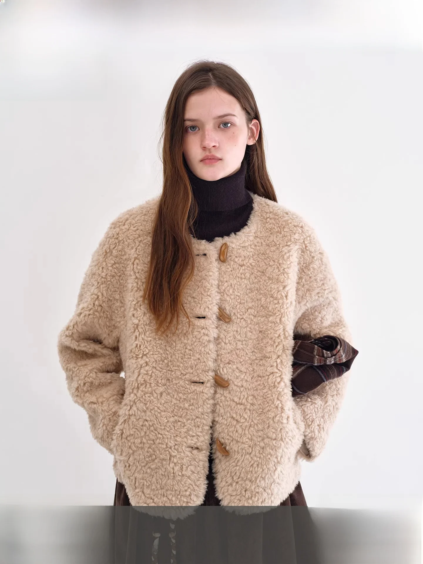 

Fano Women's Full Wool Loose Nel Lamb Fur Jaet Soft Ele Sle Winter Coat Casual round Ne Long Sve Regular Le...