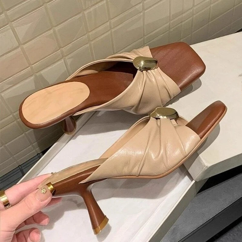 

Ретро-туфли на высоком каблуке в стиле феи, женские летние новые модные босоножки и шлепанцы с металлической пряжкой