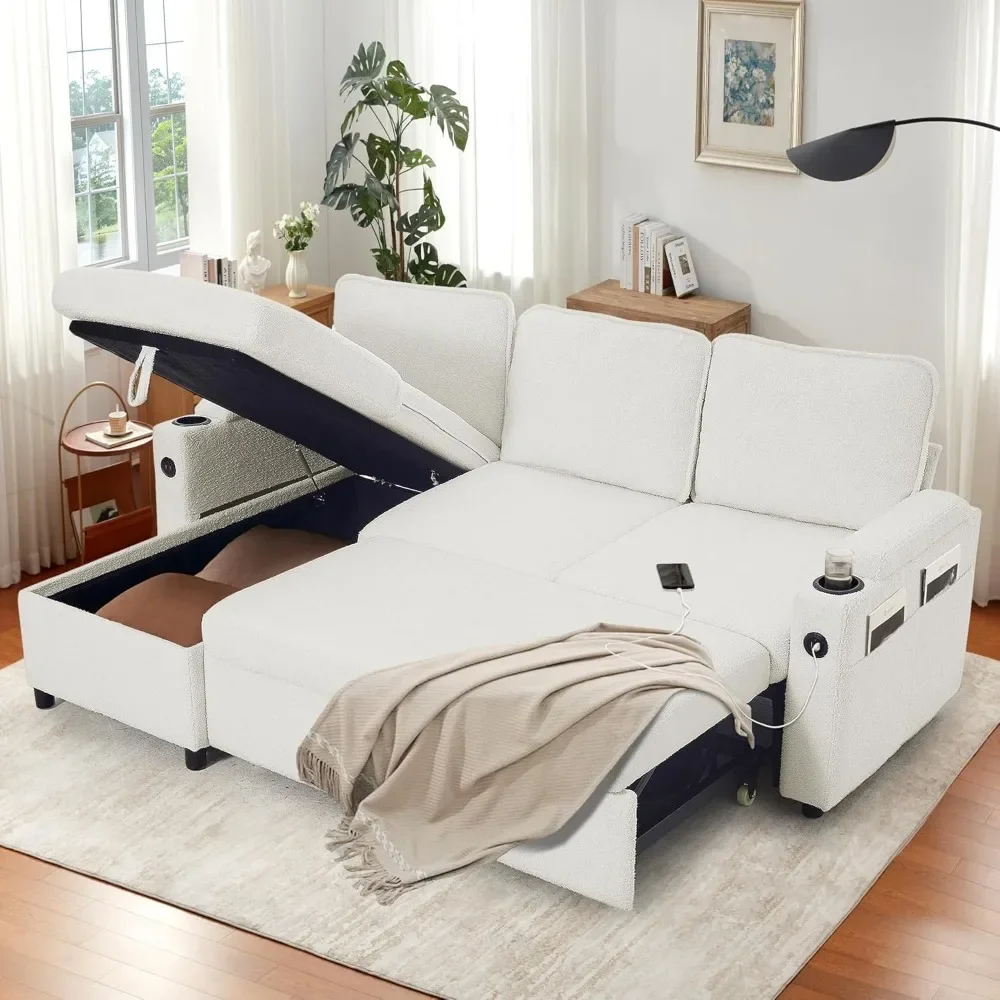 Sofa Bed,Sleeper Sofa Couch with Pullout Bed for Living Room, L Shaped Couch with Storage Chaise, USB, Cup Holder (White Boucle)