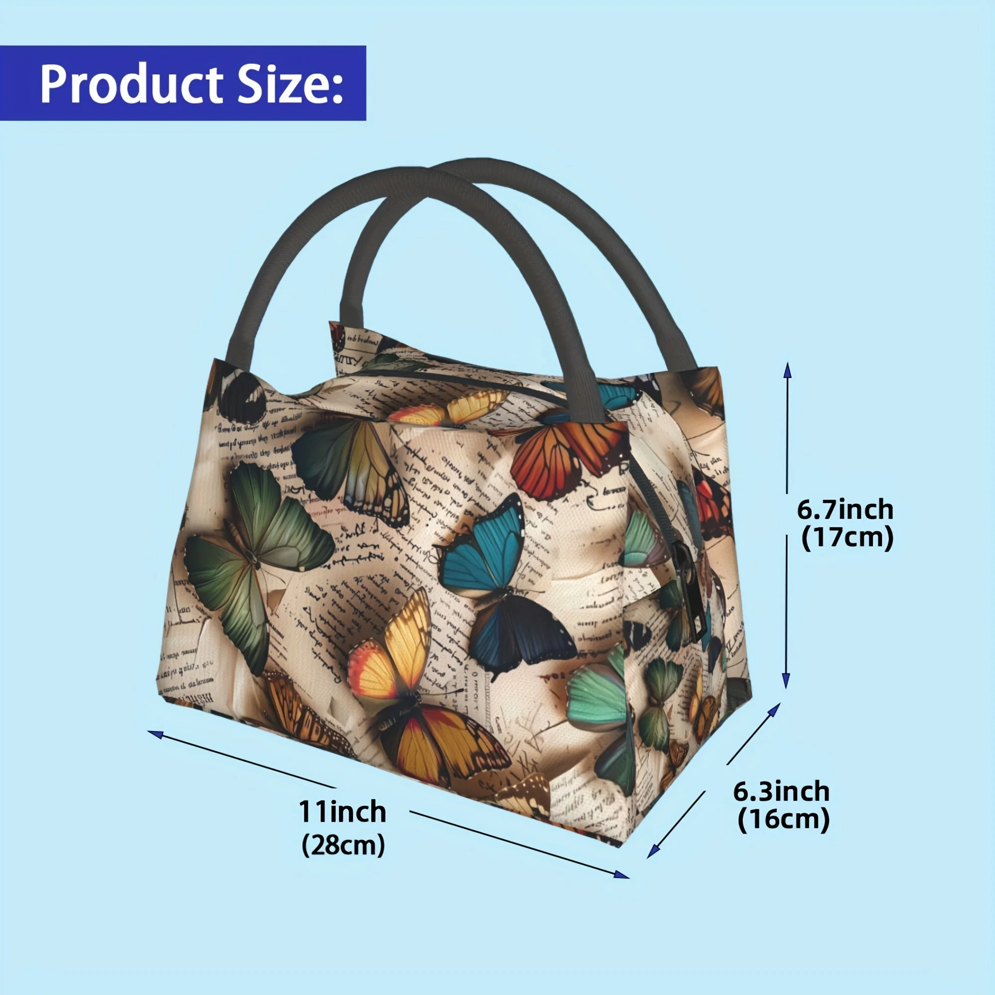 Vintage Butterfly Print Lunch Bag Retro Newspaper Pattern Insulated Cooler Bag Reusable Leakproof Tote Bag For Nature Lovers