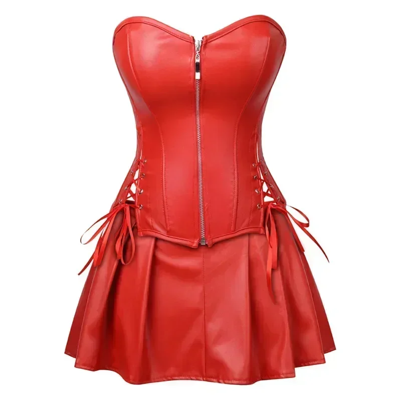 PU Leather Corset Dress Lace up Zipper Sexy Women Bustier Top with Mini Skirt Set Overbust Burlesque Costumes Body Shaper