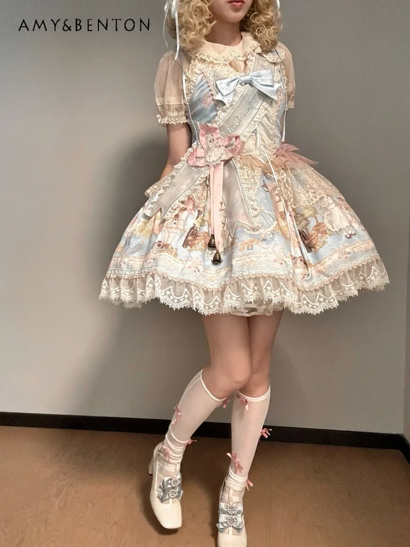 Japanese Elegant Lolita Cute Sweet Ballet Style Princess Evening dresses Sweet Bowknot Strapless Slim Mini Dress JSK Puff Dress