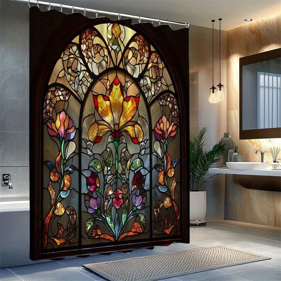 Stained Glass Iris Shower Curtain – Yellow, Red, Orange & Purple Flowers, Arched Panel Design, 2D Flat Print, Polyester