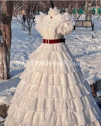 Vintage Victorian Prom Dress White High Neck Bubble Sleeve Lace Up Pleated Applique Sissi Princess Party Dress فساتين سهره 의자