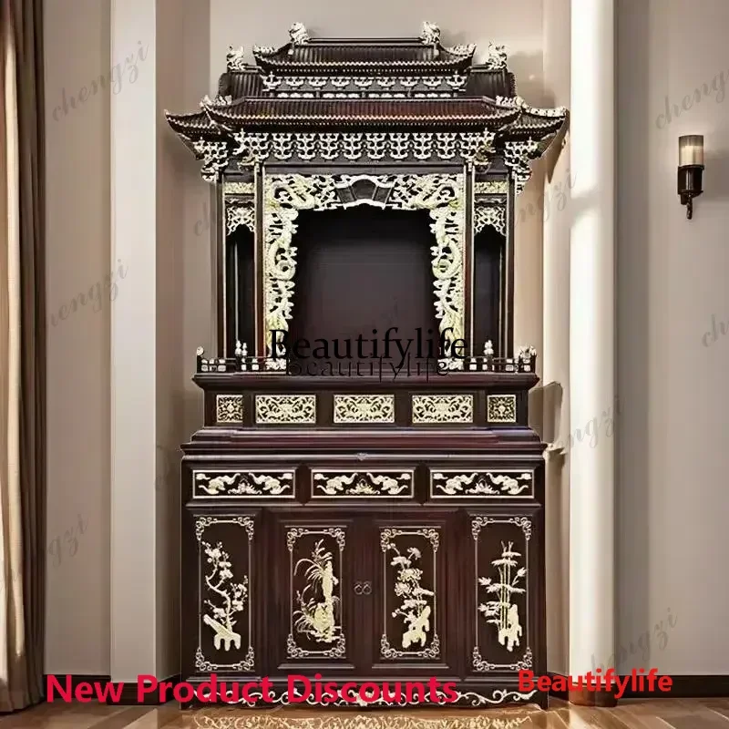 45 03Gold-painted Buddhist shrine Standing cabinet Wealth shrine Carving dragon shrine Buddhist cabinet Serving table Buddhist