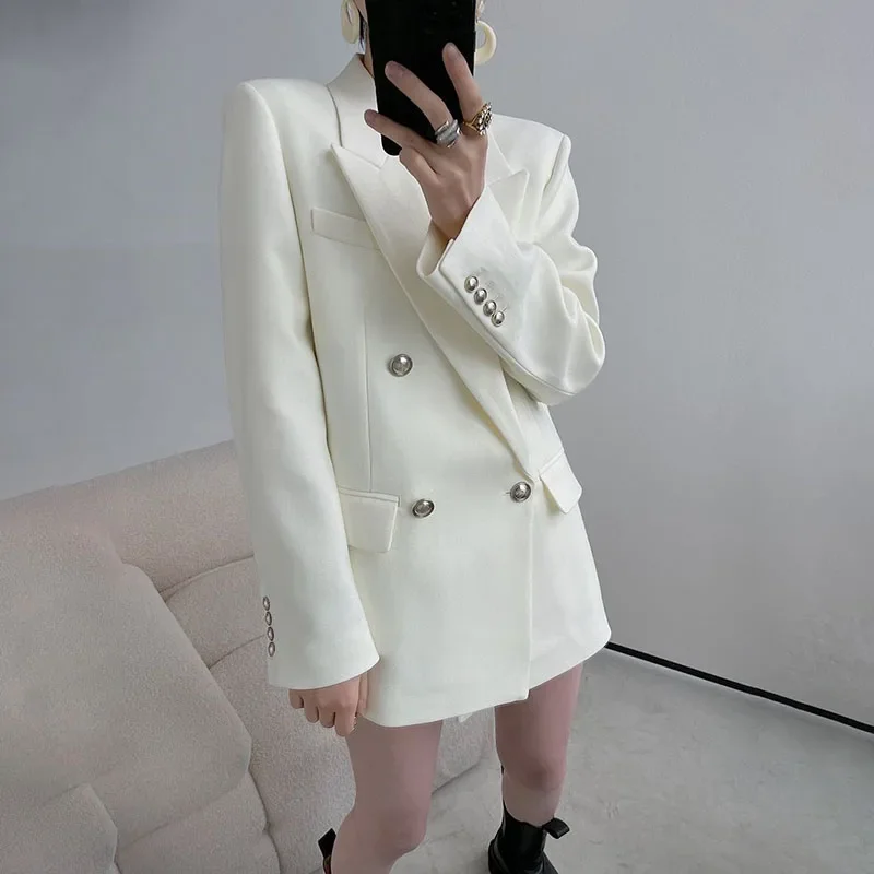 

Spring Autumn 2024 New White Double-Breasted Coat Has Feminine Design Straight Blazer Outwear Casual Fashion Suit Jacket Female