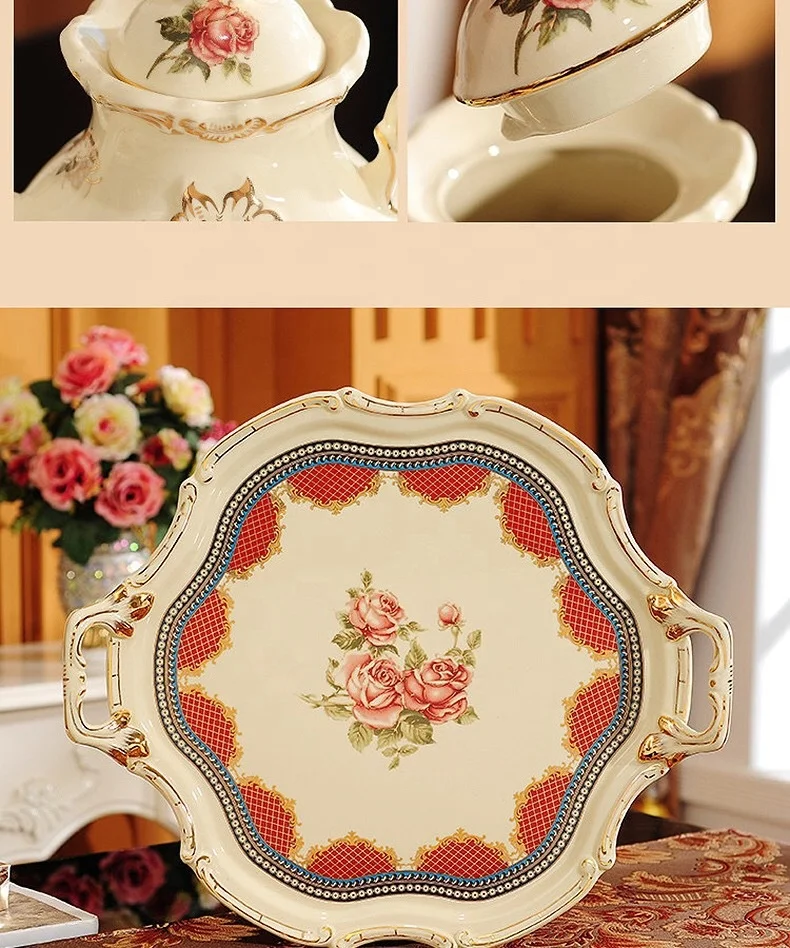 Juego de café de porcelana de estilo europeo con bandeja de cerámica, decoración de diseño floral de alta calidad, juego de té