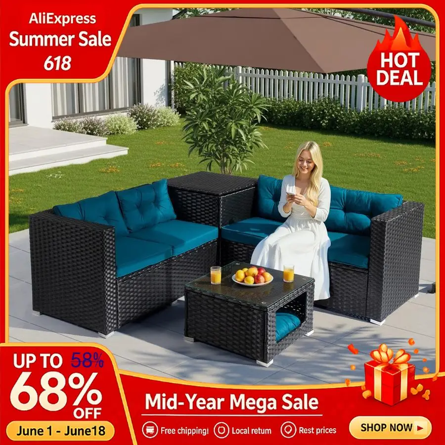 4 Pieces Outdoor Sectional Wicker Patio Furniture Set, Patio Sectional Sofa with Hidden Storage Outdoor Conversation Set, Custom