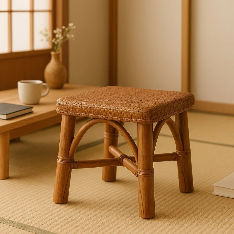 

Handmade Wicker Rattan Small Square Ottoman Natural Fiber Shoe Bench for Entryway Home Bedroom Living Room