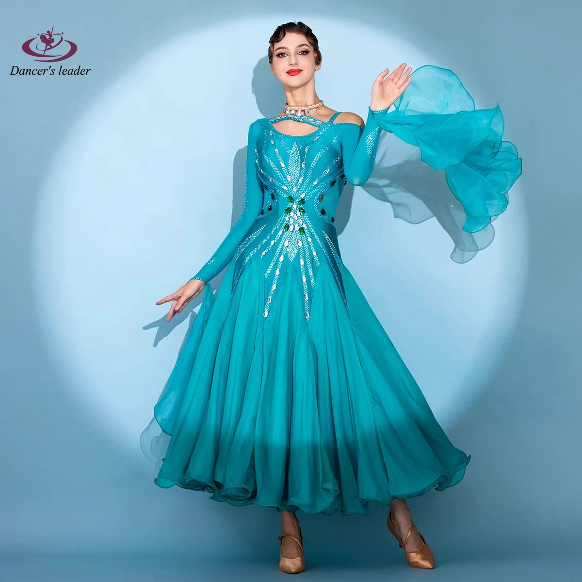 Latin Dance Diamond Vrouwelijke Volwassen Kinderen High-end Aangepaste Blues Mesh Grote Rok Wals Prestaties Hoge Flash Jurk