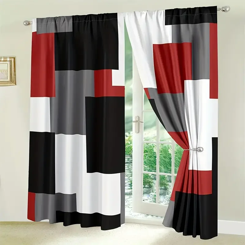 2panels Plaid Pattern Curtains, Rod Pockets Window Treatment, Red White Grey Black Curtain Suitable For Living Room Bedroom