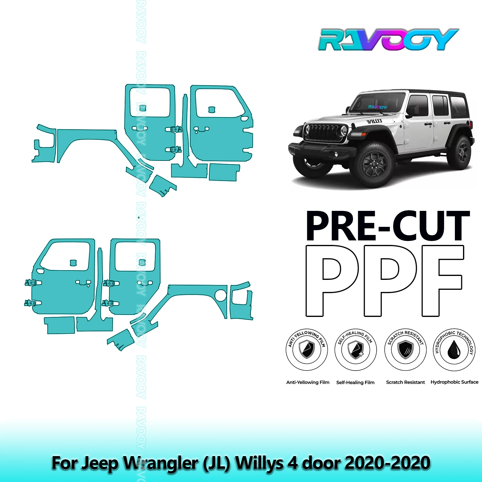 

For Jeep Wrangler (JL) Willys 4 door 2020-2020 8.5mil Pre-Cut PPF Door & A/B Pillar Kit TPU Paint Protection Film Set