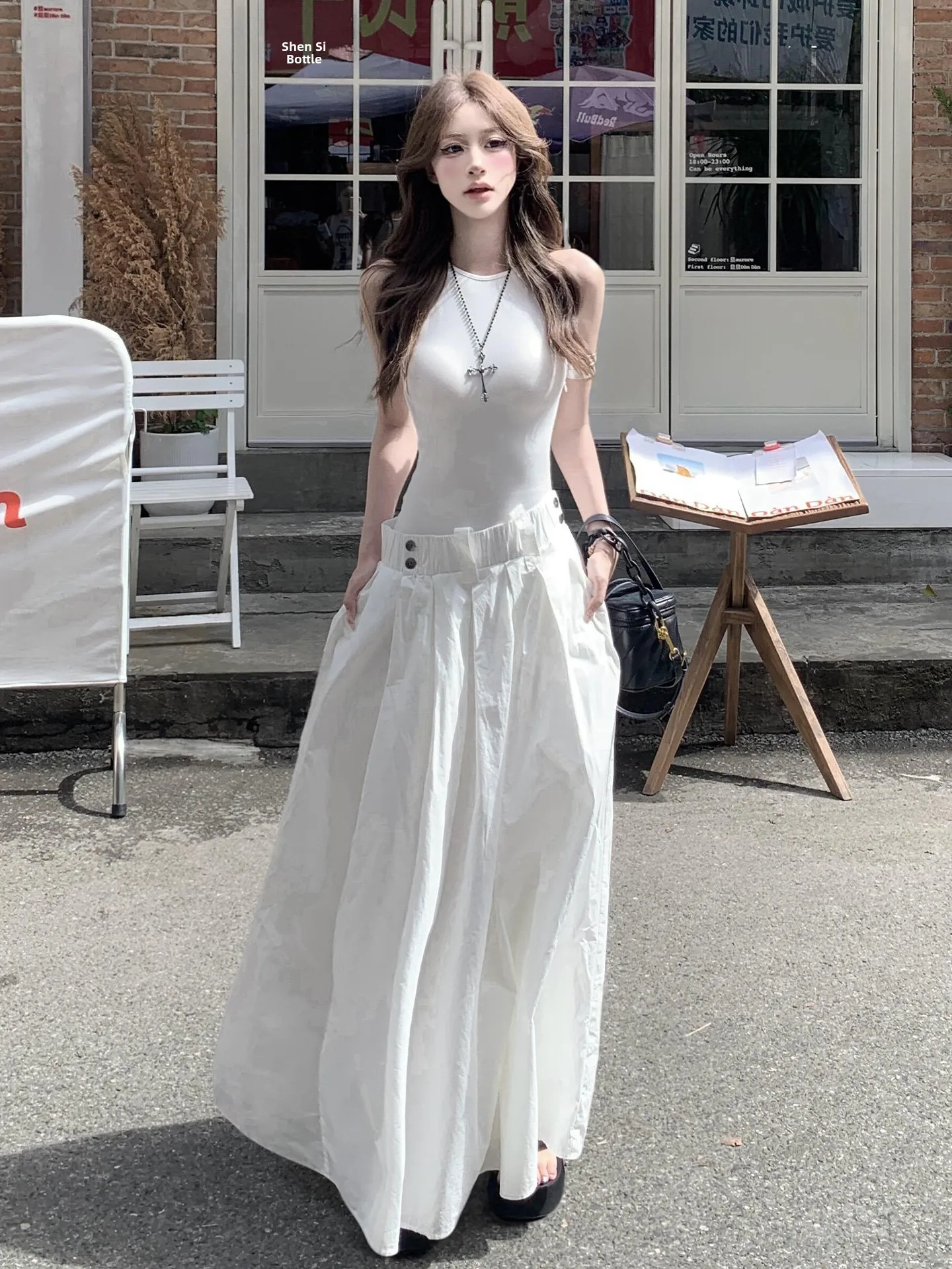 Superbe gilet blanc Dr femmes été nouveau Sle taille couchée Utile Long Dr faux deux pièces doux japonais Sle A-Li...