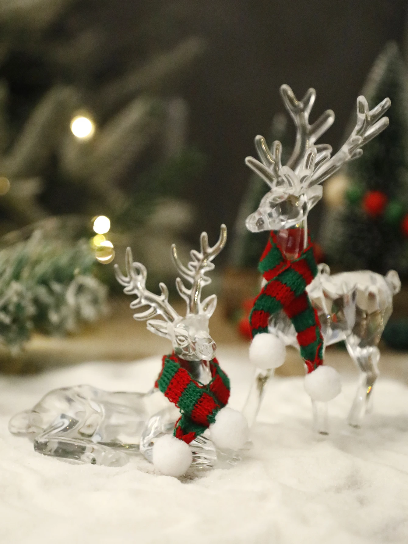 Crystal Christmas Reindeer Ornaments Transparent Deer Figurines with Plaid Scarf Festive Home Decor for Xmas Tree & Desktop Gift