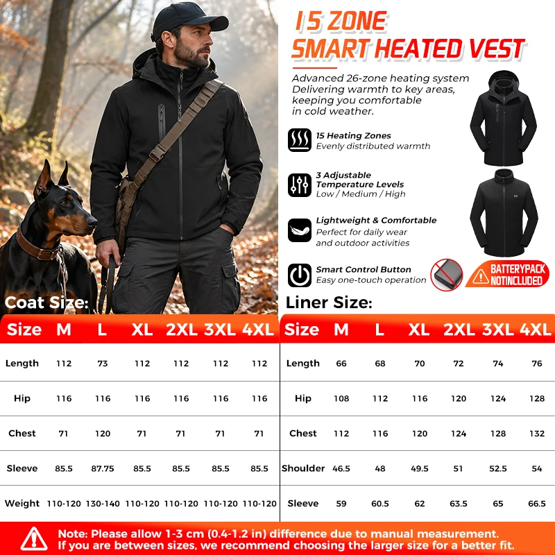 15 Zones Heated Jacket 3 In 1 Electric Heating Winter Warm Mountaineering Ski Coat Windproof Thermal Outerwear Outdoor Unisex