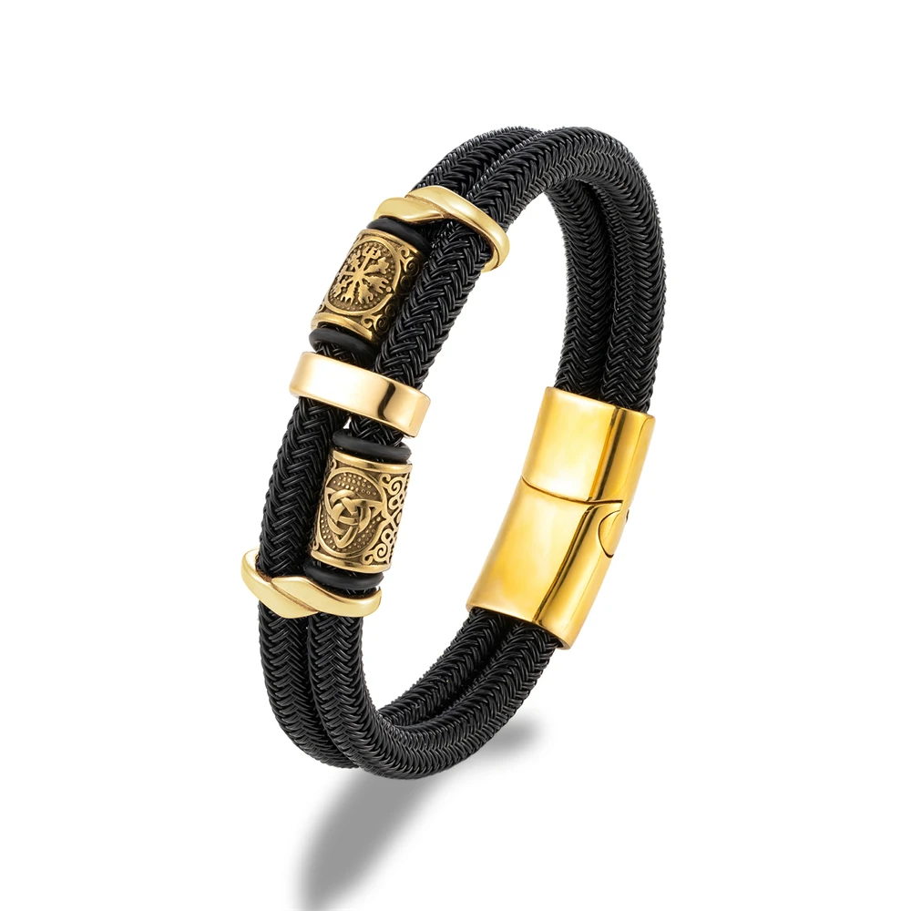 Vikings Runes Double-Layer Unfading Wire Rope Bracelets Men Norse Gold Color Stainless Steel Wristband Luxu Male_maomaolike.com