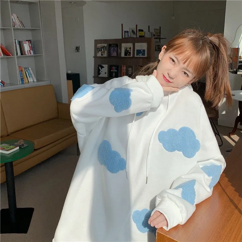 Autumn Winter Women Long Sleeve Casual Pullover Blue Sky White Clouds Soft Hooded Tops Y2k Lady Sweater Jumper Loose Sweatshirt