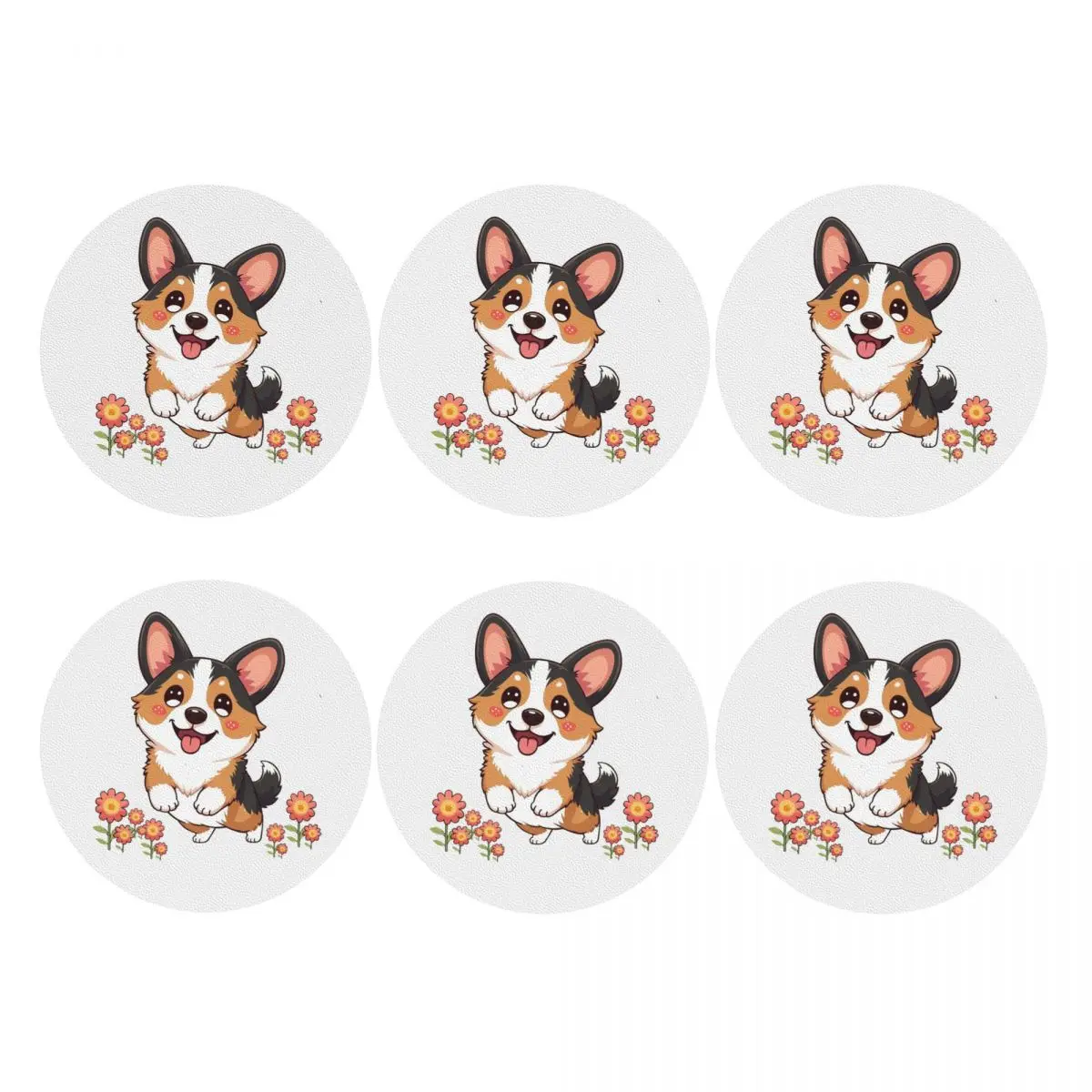 Kawaii Tricolor Corgi In The Garden Coasters PVC Leather Placemats Insulation Coffee Mats for Decor Kitchen Dining Pads Set of 6