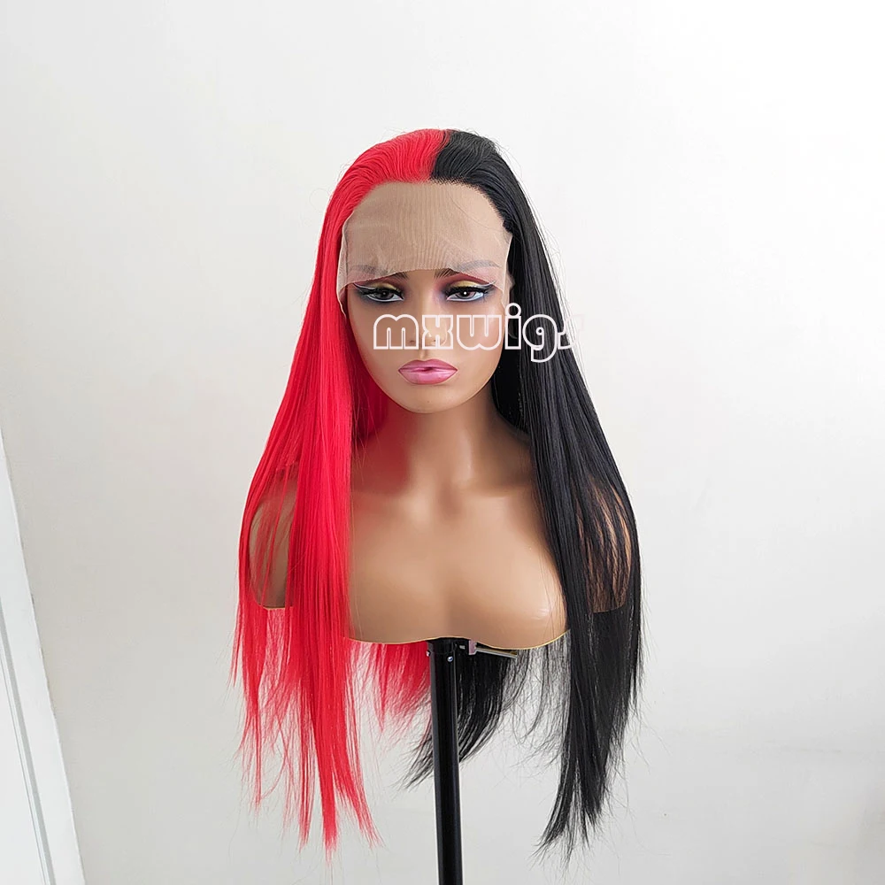 MXWIG Half Red Hair Black Straight Synthetic 13X4 Lace Frontal Wigs Long  Wig Glueless Soft Hair Heat Resistant Fiber Party