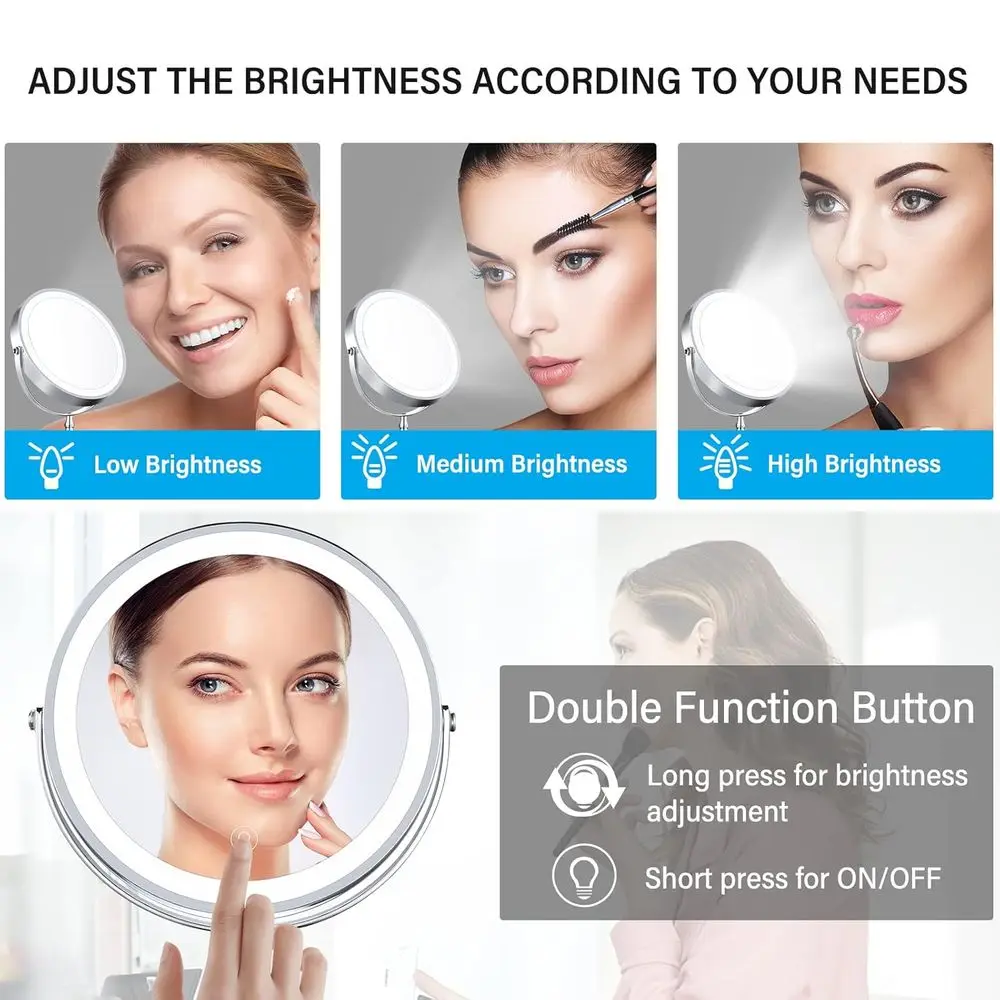 Miroir de maquillage Double face 10X LED avec luminosité réglable, miroir de courtoisie sans fil rechargeable