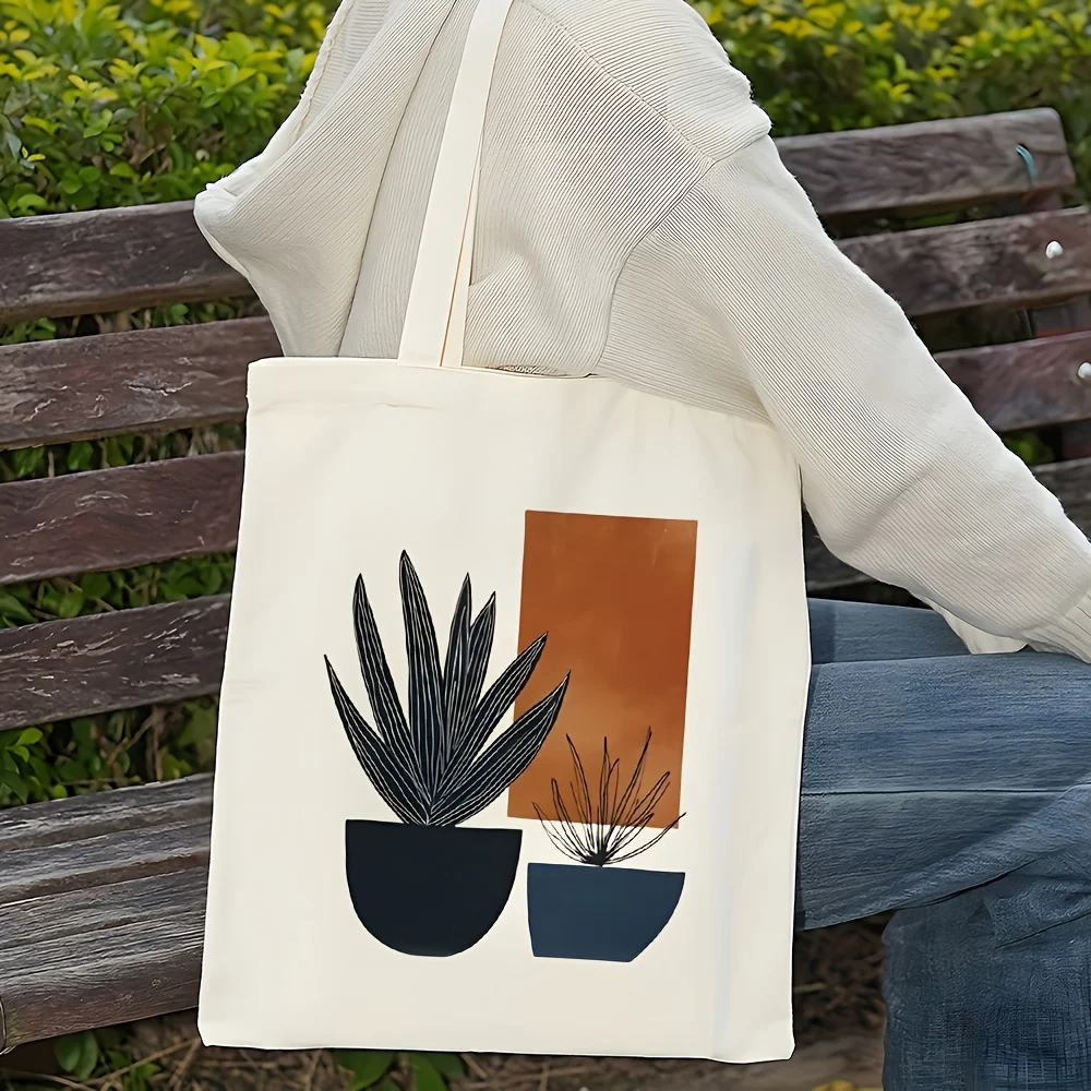 

1 x Women's Canvas Tote Bag, Hand Drawn Succulent Illustrations and Earth Tones - Artistic Botanical Design, Shoulder Bag